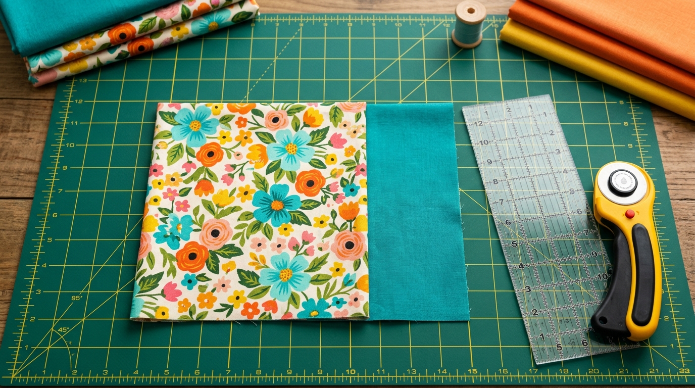 Standard Pillowcase Cutting Layout Blueprint Overhead cutting layout for standard pillowcase showing 3/4 yard main body fabric and 1/3 yard contrast cuff fabric on cutting mat