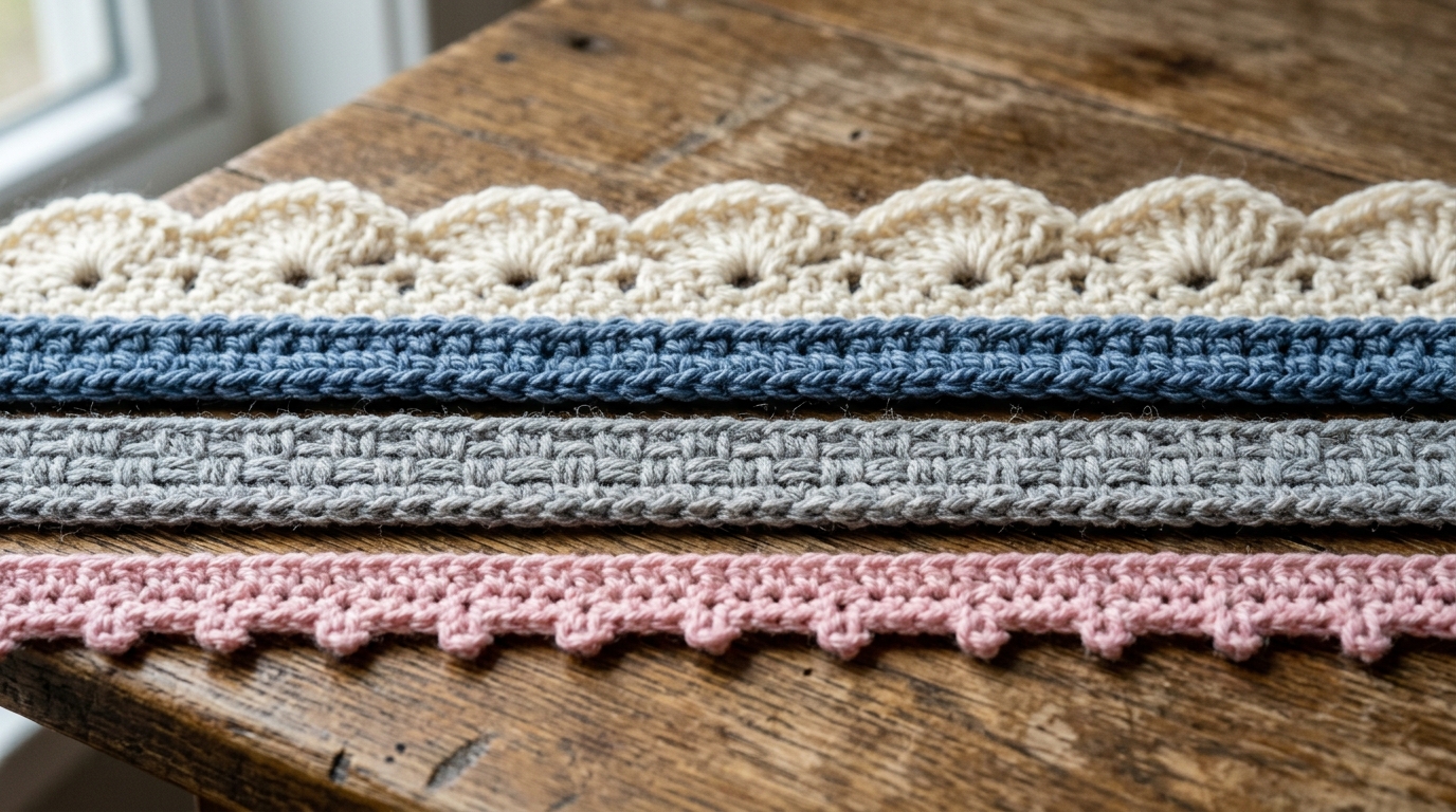 5 Simple Easy Crochet Blanket Border Patterns High-detail macro stitch showcase of four distinct crochet blanket border patterns on rustic wooden table: shell stitch, crab stitch, moss stitch, and picot edge