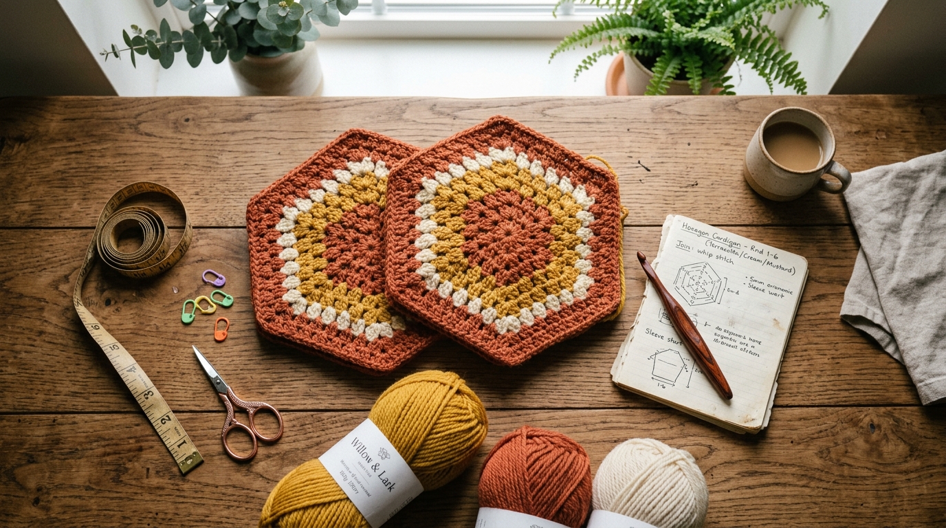 Two folded crochet granny hexagons in terracotta and mustard yarn arranged as cardigan sleeves with wooden crochet hook on rustic table Two folded crochet granny hexagons in terracotta and mustard yarn arranged as cardigan sleeves with wooden crochet hook on rustic table