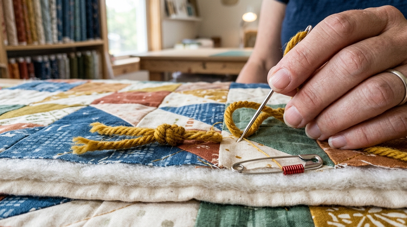 How to Tie a Quilt with Yarn: Double Surgeon\'s Knot Technique Macro close-up studio photograph of hand-tying a quilt sandwich using a curved tapestry needle with mustard worsted yarn and a secure double surgeon\'s knot