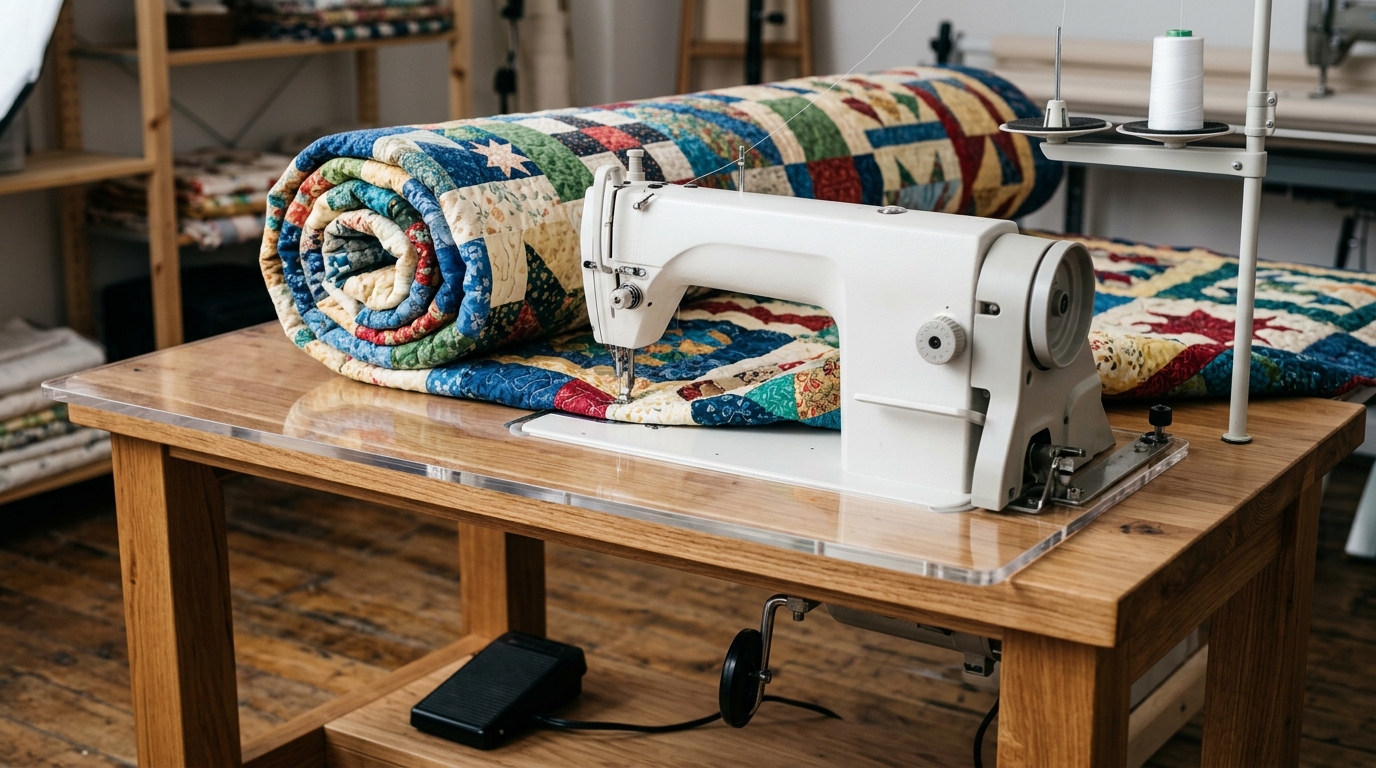 Large Throat Quilting Machine Harp Clearance Workspace High-end modern sewing studio with Brother PQ1500SL large throat quilting machine on wide extension table with rolled queen size quilt top
